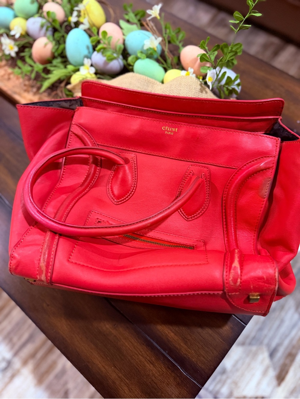 Celine Red Leather Satchel Bag